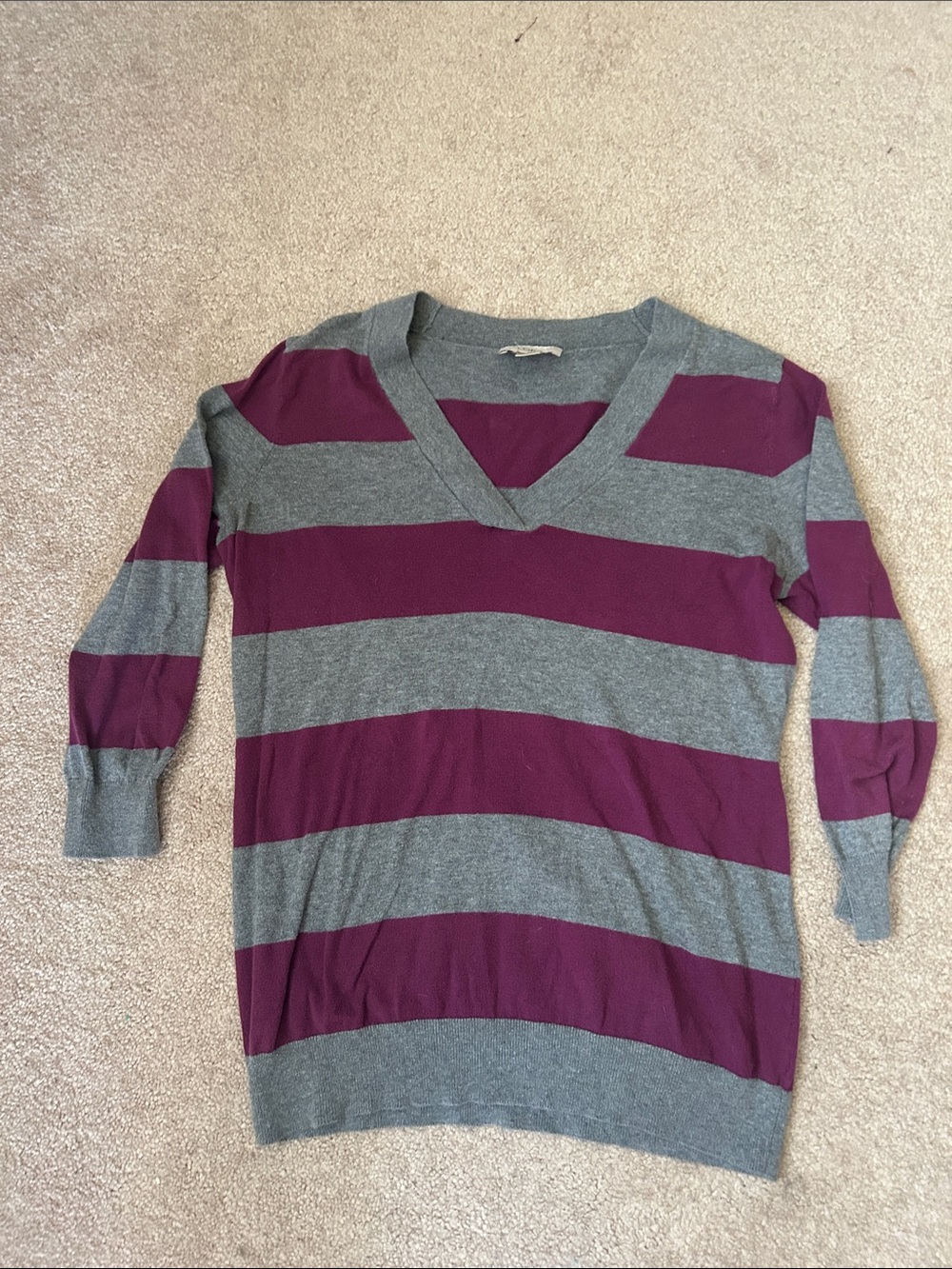 LOFT Striped V-Neck Sweater in Plum and Gray